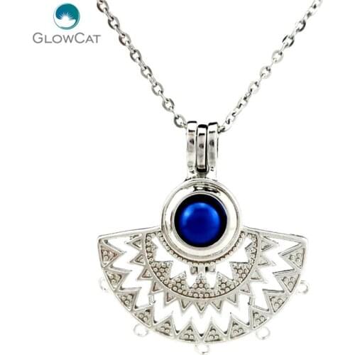 K742 Silver Alloy Fan shapes Filigree Pearl Cage Pendant Chain Aroma Essential Oil Diffuser Locket Necklace