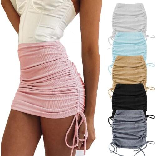 Fashion Summer Womens Polyester Knitted Skirts Threaded Side Drawstring Elastic Pleated Jupe Sexy Slim Adjustable Hip Skirt