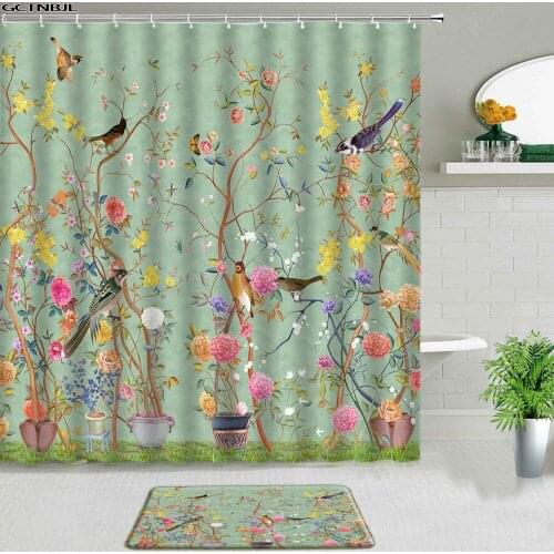 Chinese Style Flower And Bird Print Shower Curtains Set Bath Mats Carpet Bathroom Decor Screen Entrance Door Mat Non-slip Rugs