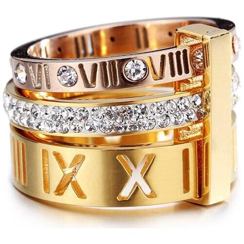 Stainless Steel 17/13MM Width 3 Circle Ring Rose Gold Roman Number Cubic Zirconia Rings Womans Fashion Jewelry Anniversary Gift