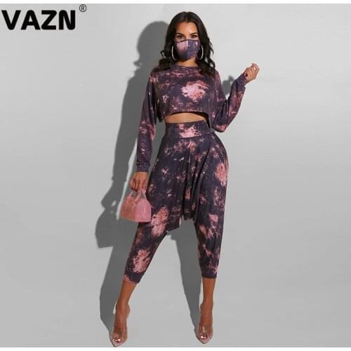 VAZN 2020 New Top Quality Sport Running Two Piece Set Print 2 Piece Set Women Full Sleeve Full Pant Summer Sets