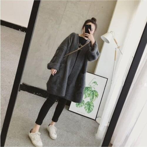 New sweater women autumn and winter Korean loose mid-length thick twist stripe long-sleeved solid color knitted cardigan
