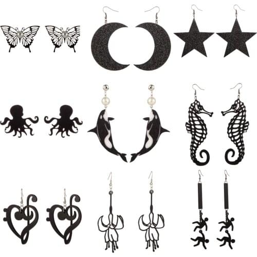 Fashion Animal Black Acrylic Dangle Earrings Half Moon Stars Flower Cool Funny Drop Earrings Hollow Out Brincos Female Jewelry