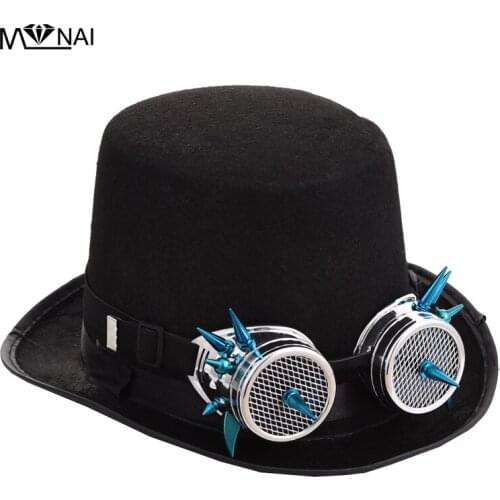 Black Fedora Steampunk Victorian Top Hat For Women Men Steam Punk Rivets Glasses Hat Millinery Steampunk Red Spikes Goggles Hat