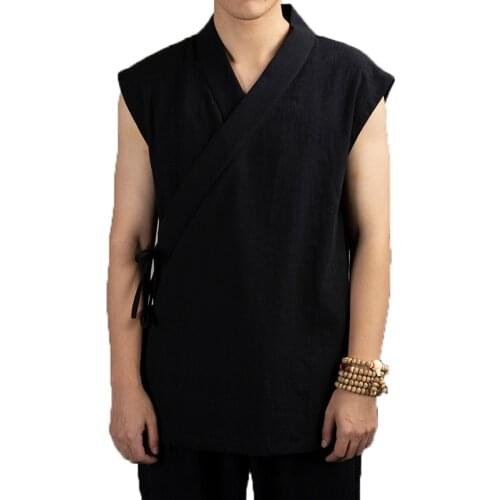 Traditional Chinese Clothing Hanfu Men Linen Cotton Sleeveless Jacket Mens Tang Suit Kimono Cardigan Male Open Stitch Coat