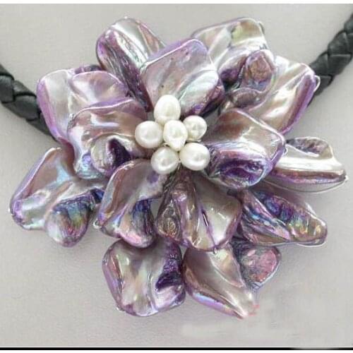 Unique Pearls jewellery Store 18'' Lavender Shell Basketry Flower Natural Pearl Leather Necklace Charming Women Jewelry Gift