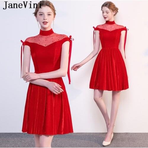 JaneVini Vintage Velvet Short Bridesmaid Dresses With Sleeves 2018 A Line High Neck Beaded Zipper Back Red Prom Gowns Plus Size