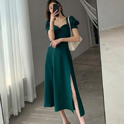 Green Elegant Dresses Office Lady Korean Style One-piece Dress Summer 2021 For Women French Vintage Backless Midi Split Dresses