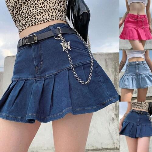 Women Stylish Solid Color High Waist Ruffle Mini Pleated Denim Skirt Streetwear High Waist Ruffle Mini Pleated Denim Skirt Stree