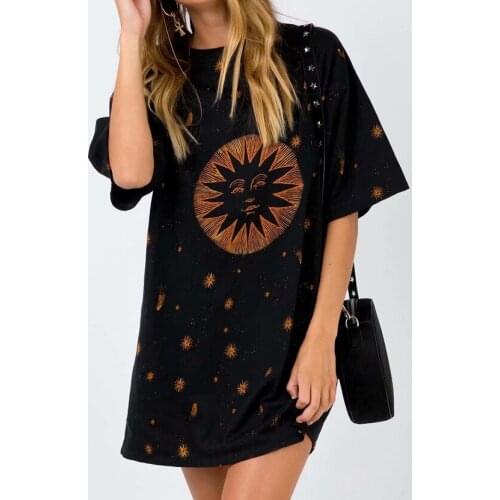 Black Harajuku Sun Print Long Oversized T Shirt Women 2021 Summer O Neck Loose Vintage Short Sleeve Tees Shirt Femme T- Shirts