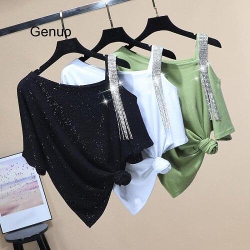 T-shirt Woman Temperament Hot Drilling Oblique Collar Off-Shoulder Tshirt Loose Short Sleeve T-shirt Tee 2020 Summer New Fashion