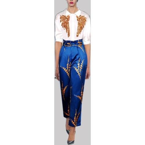 Luxury Designing High Street Women Style Two Pieces Pants Sets Sequined Shirt Print Trousers Slim Fashion Twin Sets Outfits