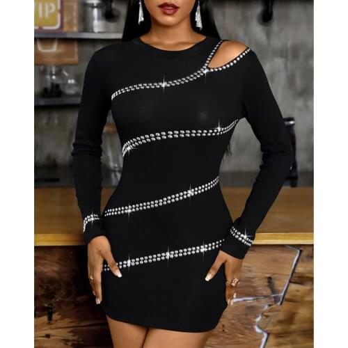 Ladies Dress Sexy Shoulder Hollow Rivet Long Skinny Mini Dress Dresses for Women Sexy Dress Birthday Dress for Women