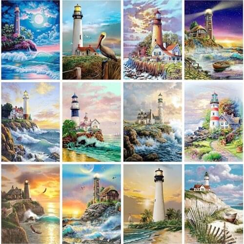 Uone Diamond Painting Aлмазная Mозаика Genshin DIY Stitch Seasided Lighthouse Embroidery Rhinestone KidsMystery Box Home Decor