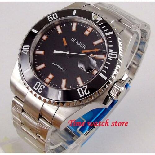BLIGER 43mm mechanical auto watch men waterproof stainless steel black dial luminous sapphire glass 21 jewels Miyota wrist 173