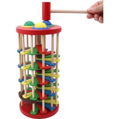 Pound Roll Wooden Tower With Hammer Knock The Ball Rolling Off Ladder Early Educational Toys