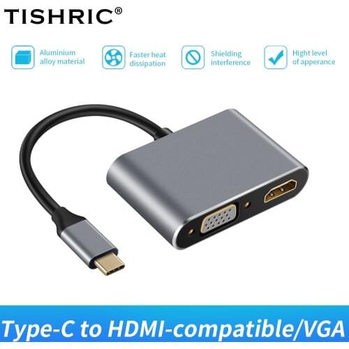 TISHRIC 2 in 1 Type C VGA Converter/Adapter/Splitter HDMI-Compatible USB C VGA Adapter Cable for Laptop Projector Mobile Phones