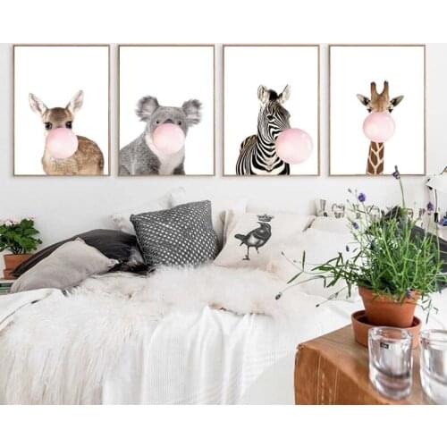 Nordic Style Bubble Chewing Gum Giraffe Zebra Animal Poster Canvas Art Painting Wall Art Nursery Decorative Picture Kids Decor