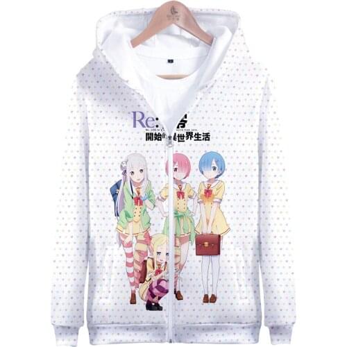 Rem Ram Maid Cosplay Costume Re:Zero 3D Print Zip Up Oversized Hoodie Women Men Zipper Hooded Jacket Casual Sportswear Outerwear