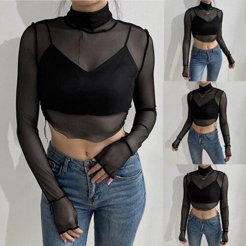 Hot Kf-Womens Fashion Sexy Mesh Perspective Anti-Car High Neck Short Long Sleeve T-Shirt Top Black
