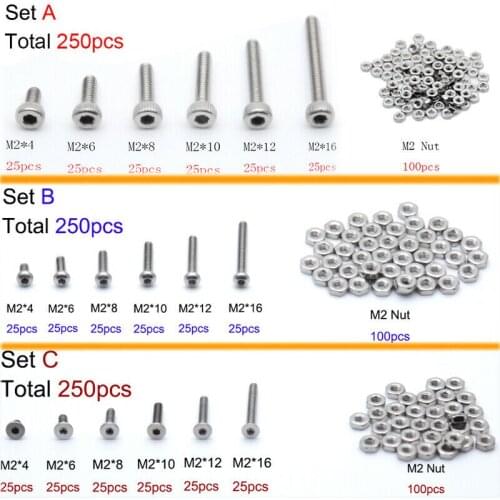 M2 Stainless Steel Cap/Button/Flat Head Screws Sets Phillips Hex Socket Bolt With Hex Nuts Assortment Kit 250pcs/set
