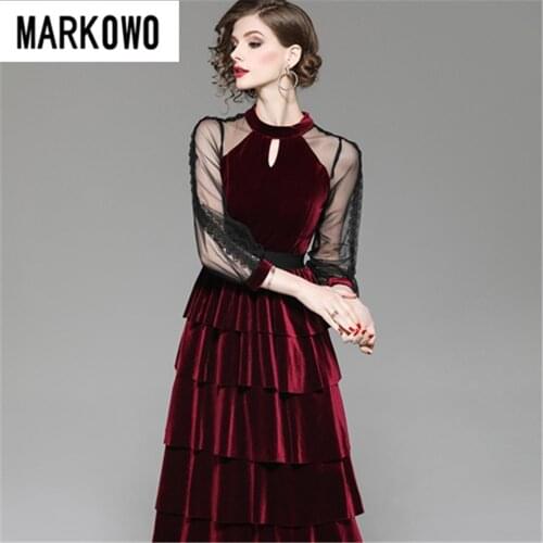 MARKOWO Desinger Brand 20Autumn new European and American womens round neck velvet fashion temperament elegant dress cake skirt