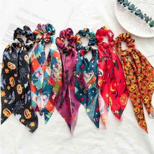 New Christmas Hairband Bow Scrunchies For Women Girls Festival Floral Elastic Hair Bands Headband Long Ribbon Hair Accessories