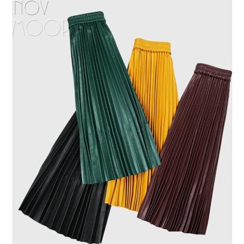 Novmoop 2020 elastic waistband genuine leather pleated sheepskin skirt Jupe en cuir LT3244