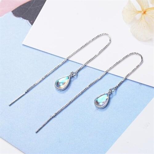 New Exquisite Personality Long Tassel Ear Line 925 Sterling Silver Jewelry Moonstone Drop Shaped Crystal Dangle Earrings SE506