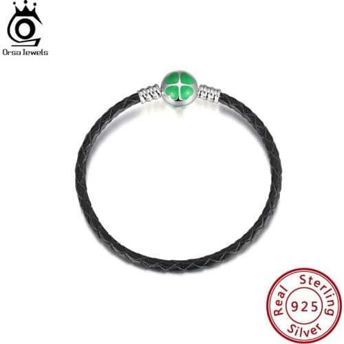 ORSA JEWELS 925 Sterling Silver Green Clover Trendy Basic Charm Black Leather Bangle & Bracelet with for Women DIY Jewelry CBB06