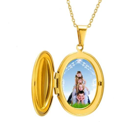 AMORUI Photo Locket Personalized Custom Name Pendant Necklace Oval/Heart/Round Shaped Stainless Steel Family Necklace 4 Colors