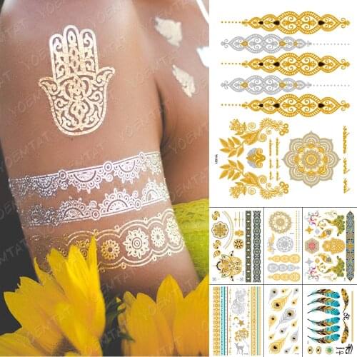 Waterproof Temporary Gold Tattoo Sticker Golden Feather Flower Boho Mandala Flower Flash Jewelry Art Female Tatto Henna mehndi