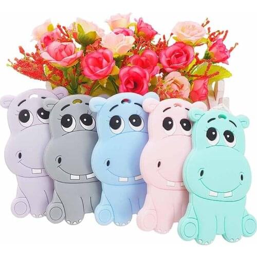 Chenkai 5PCS Silicone Hippo Teether Baby Cute Animal Teether For DIY Baby Nursing Chewing Teether Chain Pendant Necklace Toy
