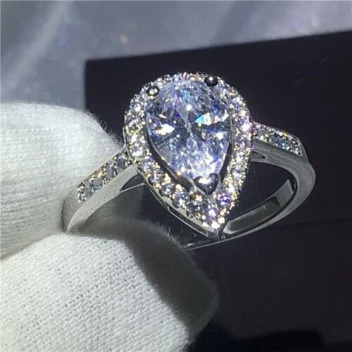 Heart love ring Silver color Engagement wedding band rings for women Pear cut 3ct Clear AAAAA zircon crystal Bijoux
