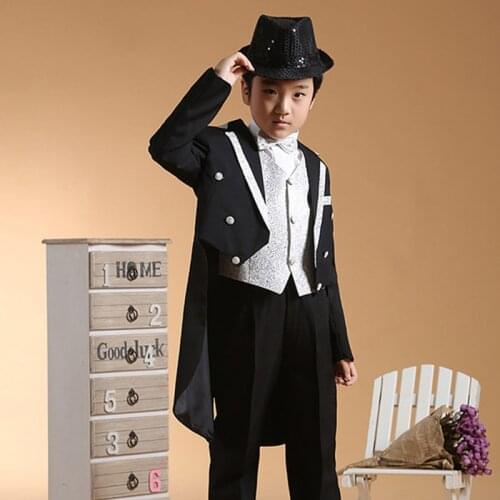 5pcs/Set Black Boys Tuxedo Dress Suits For Boys Formal Wear For Weddings Boys Suits Long Blazer Suits Set Big Children Costume