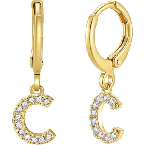 Vintage Fashion White Zircon 26 Letters Drop Earrings For Women Yellow Gold Filled CZ Stone Dangle Earrings Lady Hip Hop Jewelry