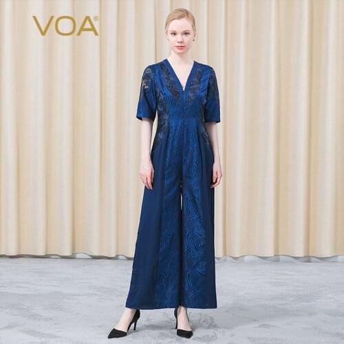 VOA Silk Yarn-dyed Jacquard V-neck Middle Sleeve Collision Splicing Tucker Fold Natural Waist Modesty Fashion Jumpsuit KE375