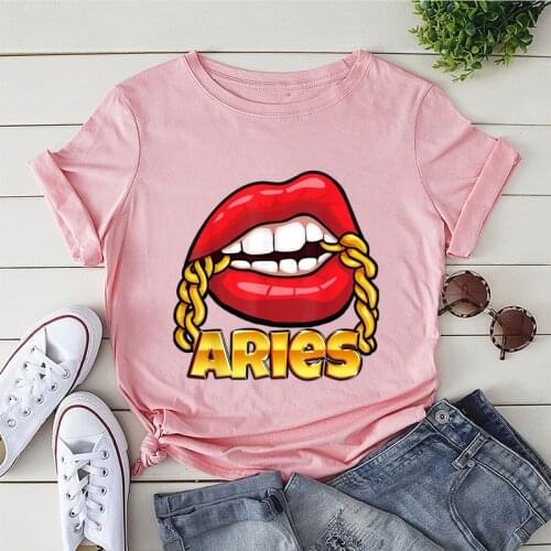 Women T-shirt 90s 12 Zodiac Girl Short Sleeve T Shirt Casual Tees Juicy Lips Gold Chain Funny Tshirt Femme Tees Tops,Drop Ship