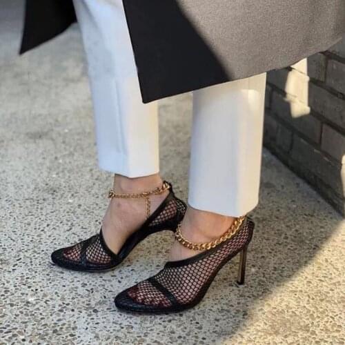 Gladiator Women Sandals Round Toe Hollow Air Mesh Sandals Thin High Heels Pumps Party Sandals Wedding Shoes Woman Size 35-39