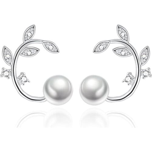 S925 Silver Earring Sparkling Leaves Pearl Stud Earring For Women Wedding Gift Lady Girl Fashion Zircon Jewelry