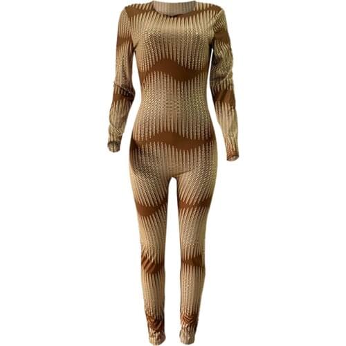 Womens Jumpsuit Streaked Waves Round Neck Long Sleeve Suit Tight Waist Clothes for Female
