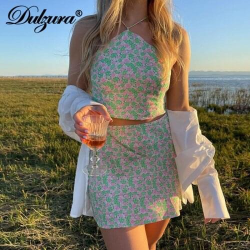 Dulzura Floral Print Women Strap Crop Top Mini Skirt Set Lace Up Bandage Backless Streetwear Club Elegant 2021 Summer Outfit