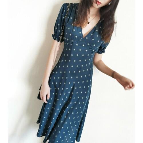 Summer New Collection Silk Dot Print V Neck Elegant Midi Calf Dress US Collections