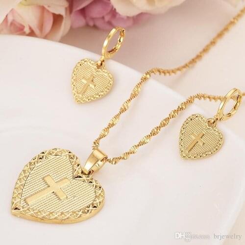 Gold dubai heart cross Jewelry Sets Earrings Pendant necklace chain bridal Women Party wedding mother gifts