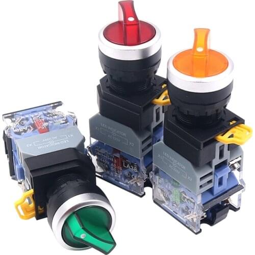 1Pcs LA38 with LED selection switch 22mm LA38-11XD 2 position (1NO 1NC) 3 position (2NO) latching LED knob switches