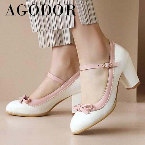 AGODOR 2021 Spring High Heels Women Shoes Bow Chunky Heel Dress Pumps Buckle Strap Round Toe Female Footwear Apricot Big Size 48