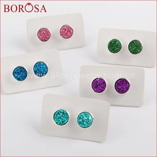 BOROSA Wholesale 5Pairs Fashion 9mm Round Sliver Color Bezel Titanium Druzy Stud Earrings Rainbow Plating Color Jewelry ZS0328
