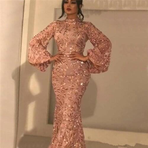 Fast Shipping Muslim Flare Sleeve Mermaid Sequins Prom Dresses 2020 Arabic Dubai Karftan Sparkly Pink Prom Evening Gowns