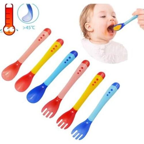 Baby Temperature Sensing Spoon and Fork Safety Silicone Feeding Flatware Spoon+Fork Feeder Utensils Feeding Tableware