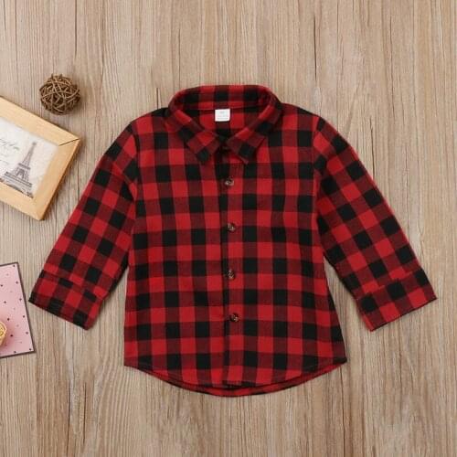 Toddler Kids Baby Boy Girl Plaid Letter Turn Down Collar Long Sleeve Cotton Tops Shirt Clothes
